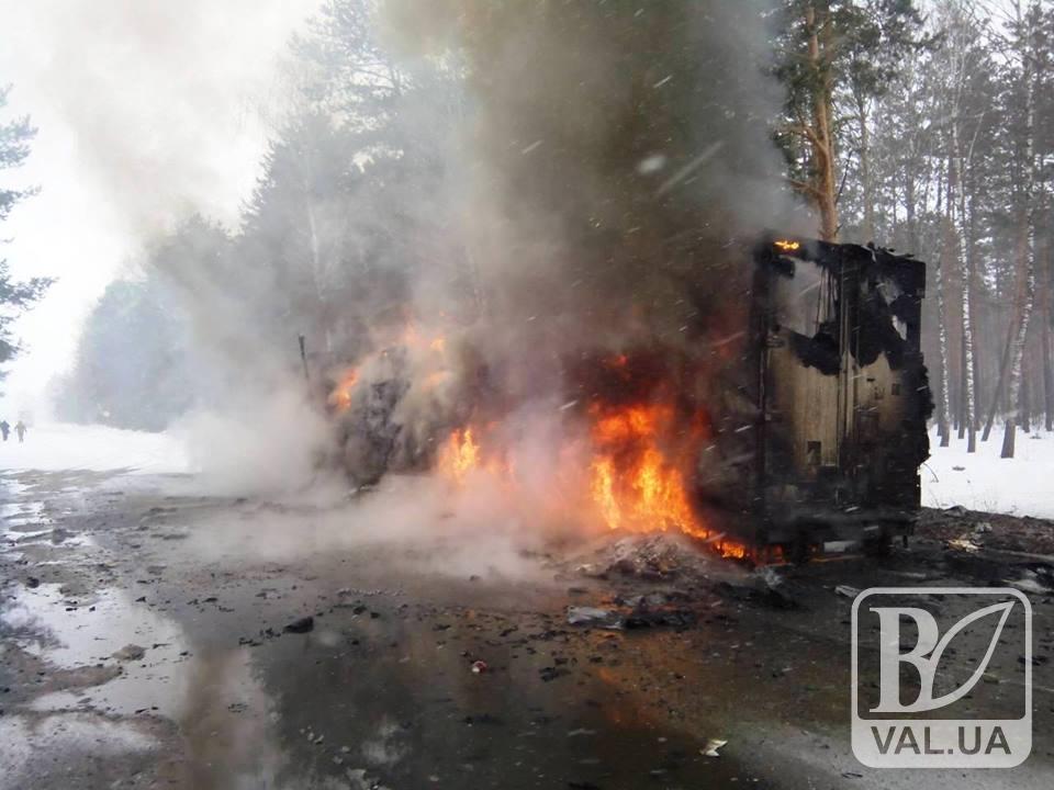 На кордоні Чернігівщини вщент згоріла вантажівка. ФОТО 